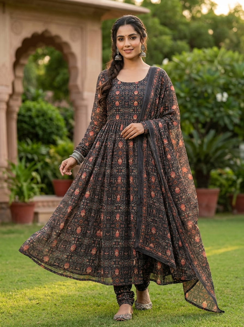 Black Traditional Ethnic Motif Print Pure Georgette Digital Printed Fabric