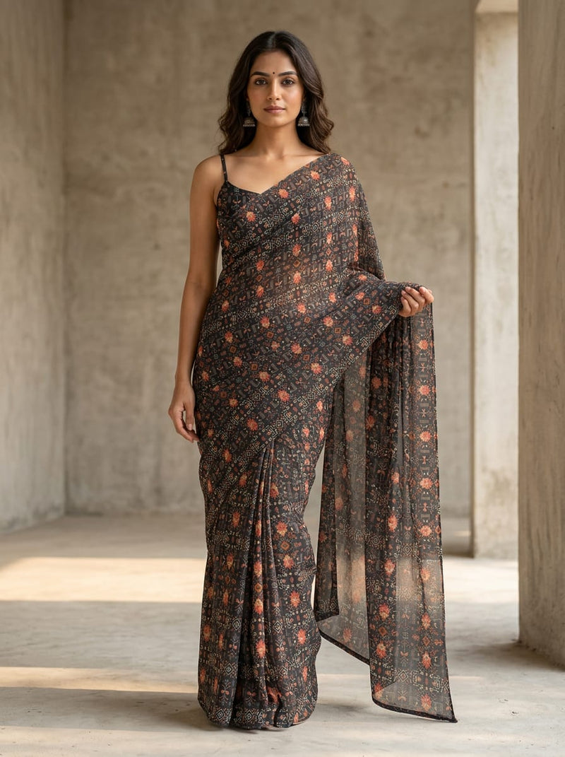 Black Traditional Ethnic Motif Print Pure Georgette Digital Printed Fabric
