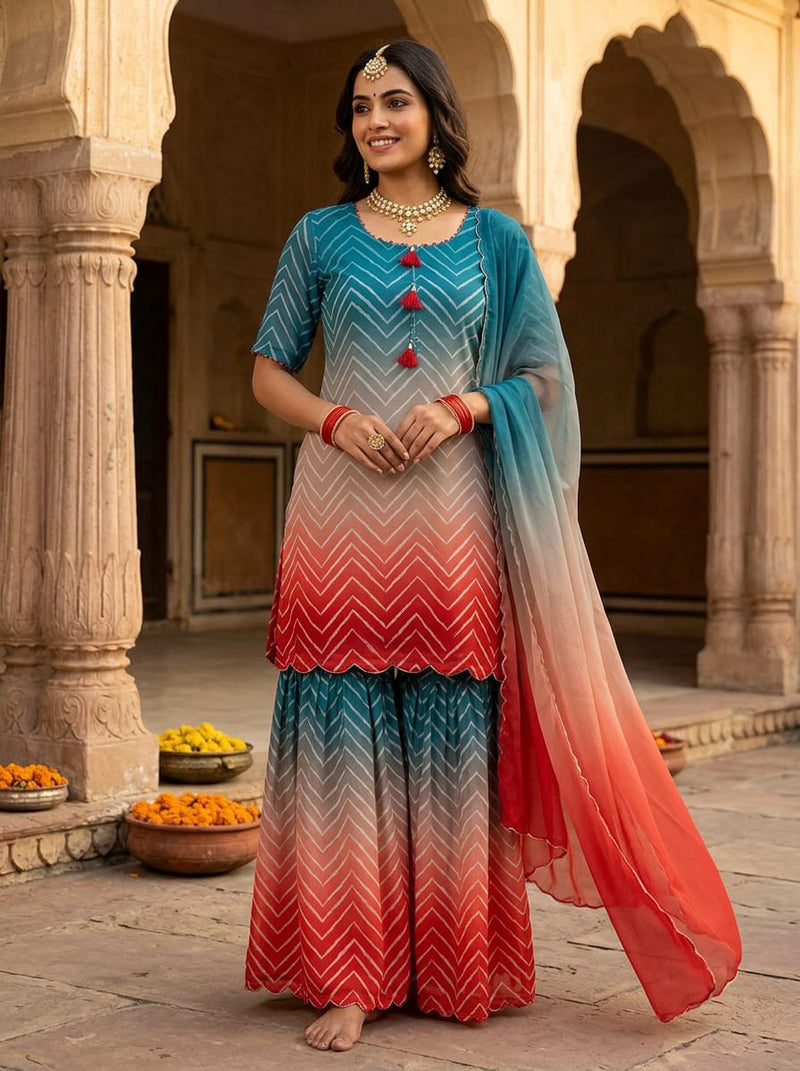 Multicolor Ombre Chevron Geometric Pure Georgette Digital Printed Fabric