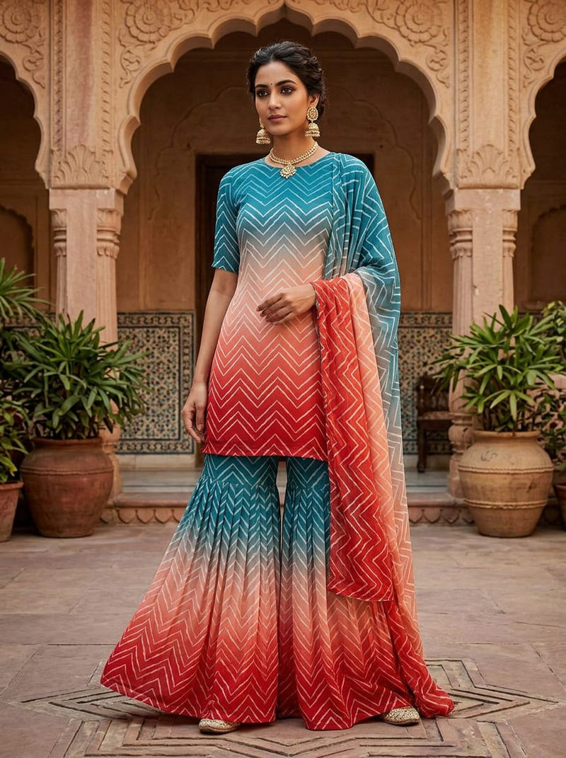 Multicolor Ombre Chevron Geometric Pure Georgette Digital Printed Fabric