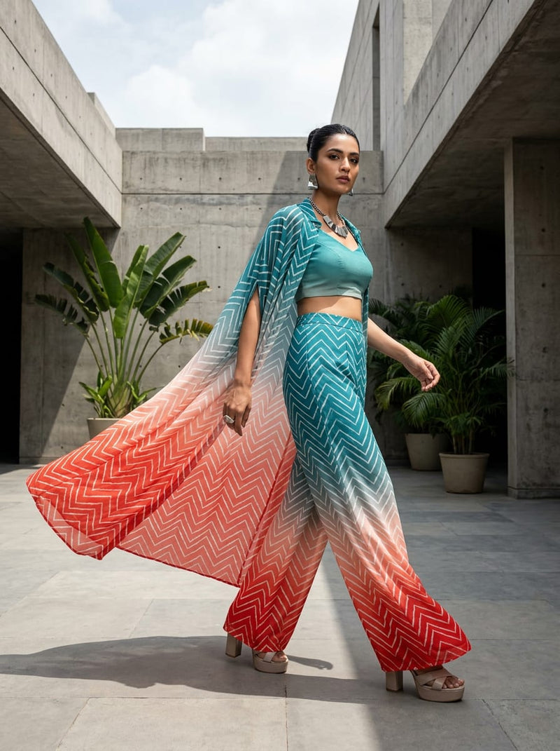 Multicolor Ombre Chevron Geometric Pure Georgette Digital Printed Fabric