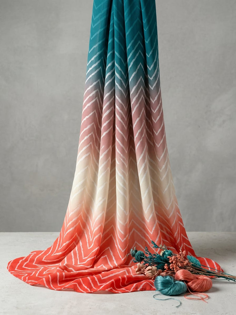 Multicolor Ombre Chevron Geometric Pure Georgette Digital Printed Fabric
