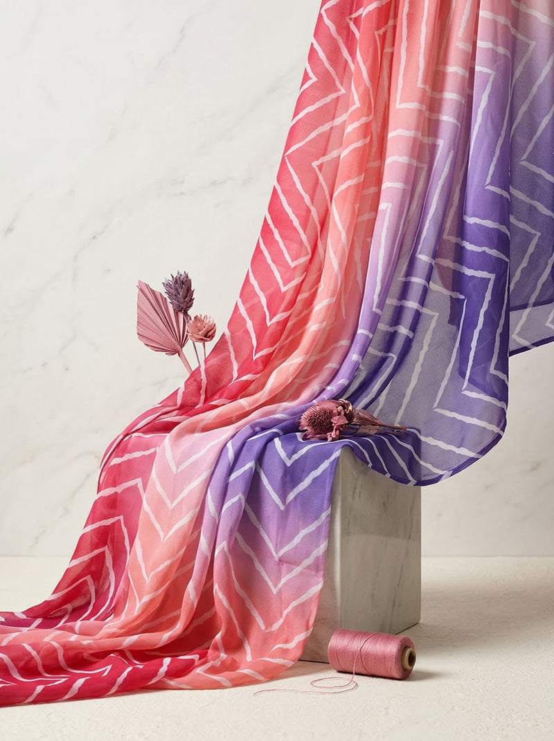Multicolor Ombre Chevron Pattern Pure Georgette Digital Printed Fabric