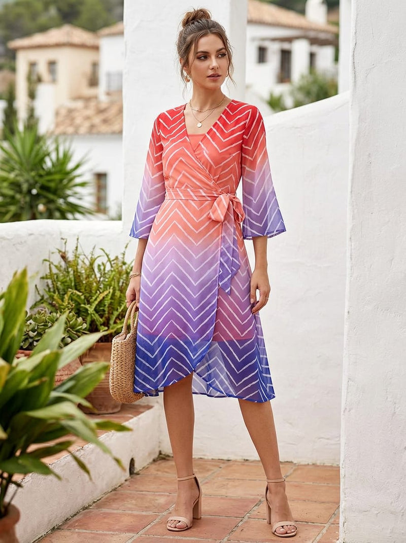 Multicolor Ombre Chevron Pattern Pure Georgette Digital Printed Fabric