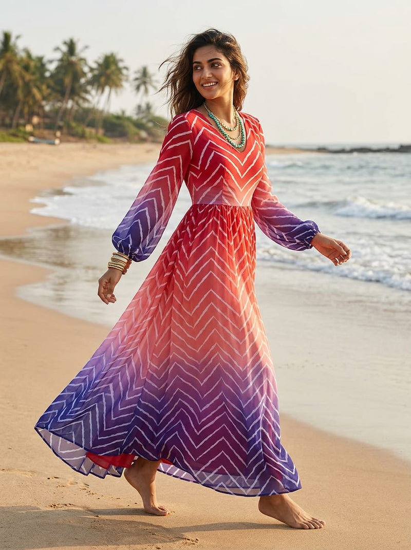 Multicolor Ombre Chevron Pattern Pure Georgette Digital Printed Fabric