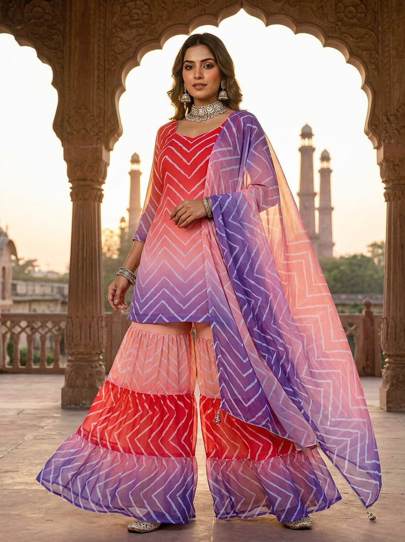 Multicolor Ombre Chevron Pattern Pure Georgette Digital Printed Fabric