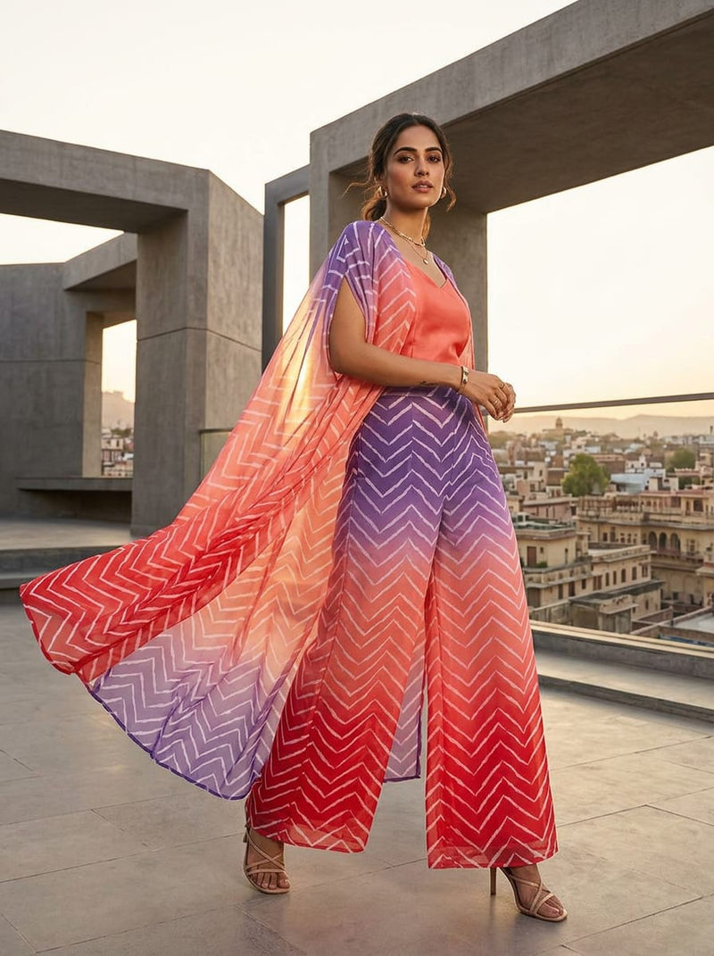 Multicolor Ombre Chevron Pattern Pure Georgette Digital Printed Fabric