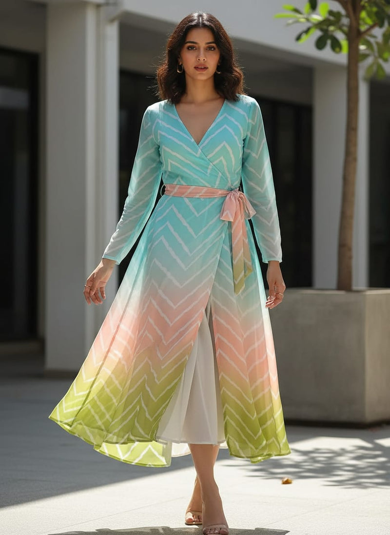Multicolor Ombre Chevron Stripe Weightless Digital Printed Fabric