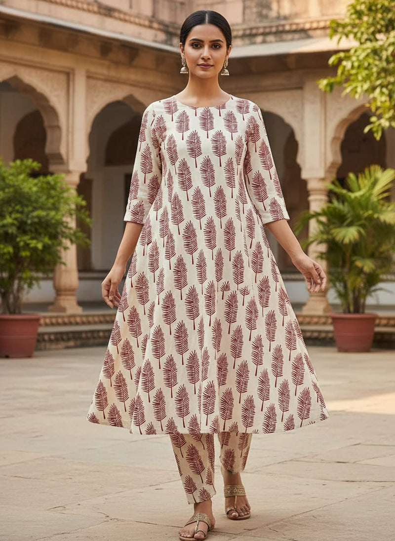 Red Pedate Leafs Digital Printed Fabric - Kora Silk