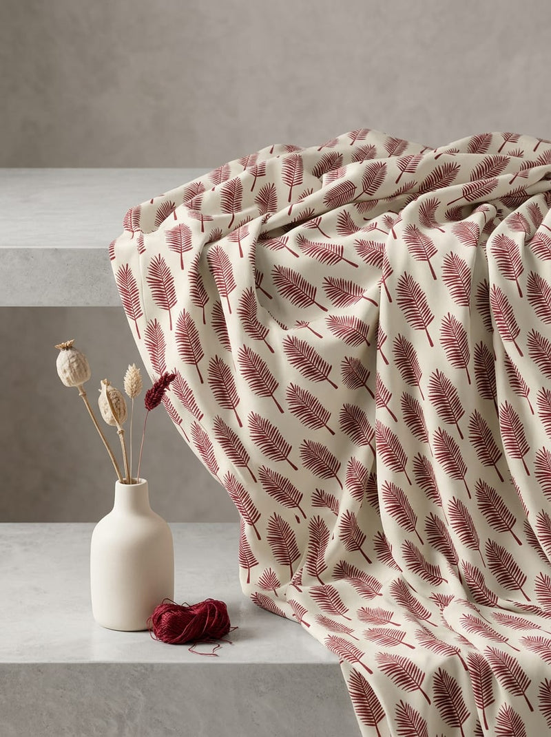 Cream Maroon Botanical Leaf Print Silk Crepe Digital Printed Fabric