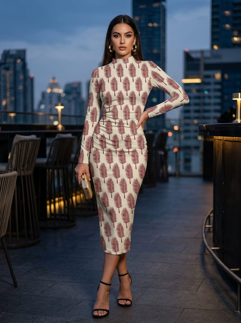 Cream Maroon Botanical Leaf Print Silk Crepe Digital Printed Fabric