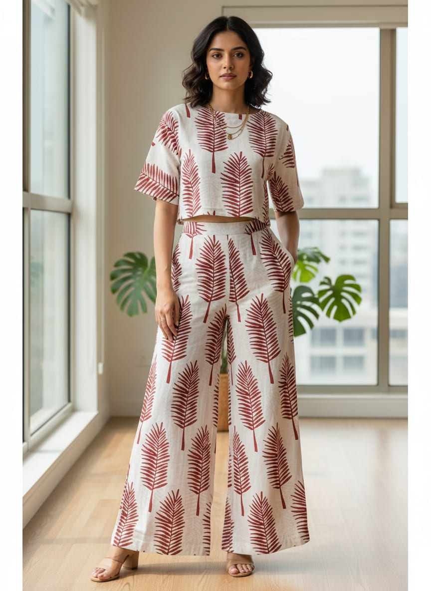 Red Pedate Leafs Digital Printed Fabric - Pure Cotton