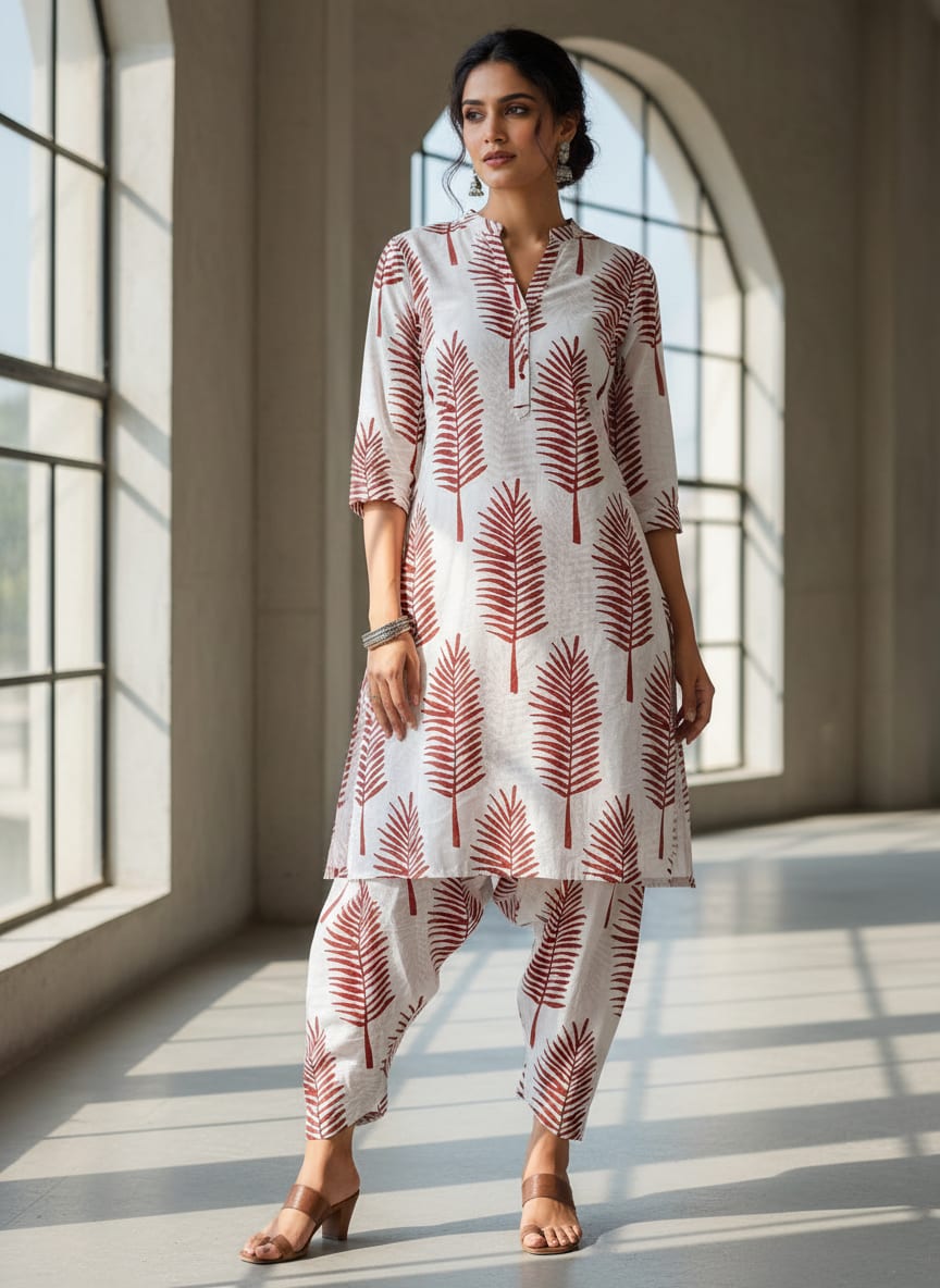 Maroon Botanical Palm Leaf Print Pure Cotton Digital Printed Fabric