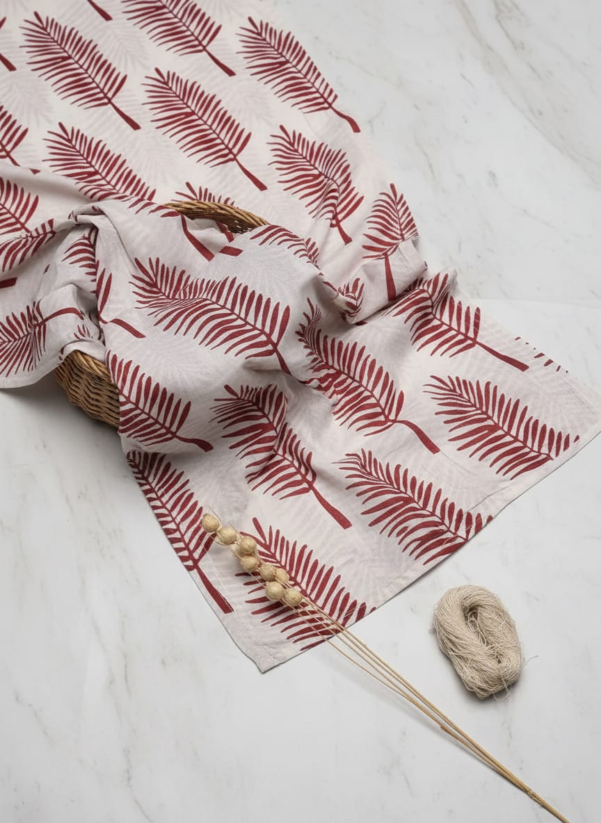 Red Pedate Leafs Digital Printed Fabric - Pure Cotton