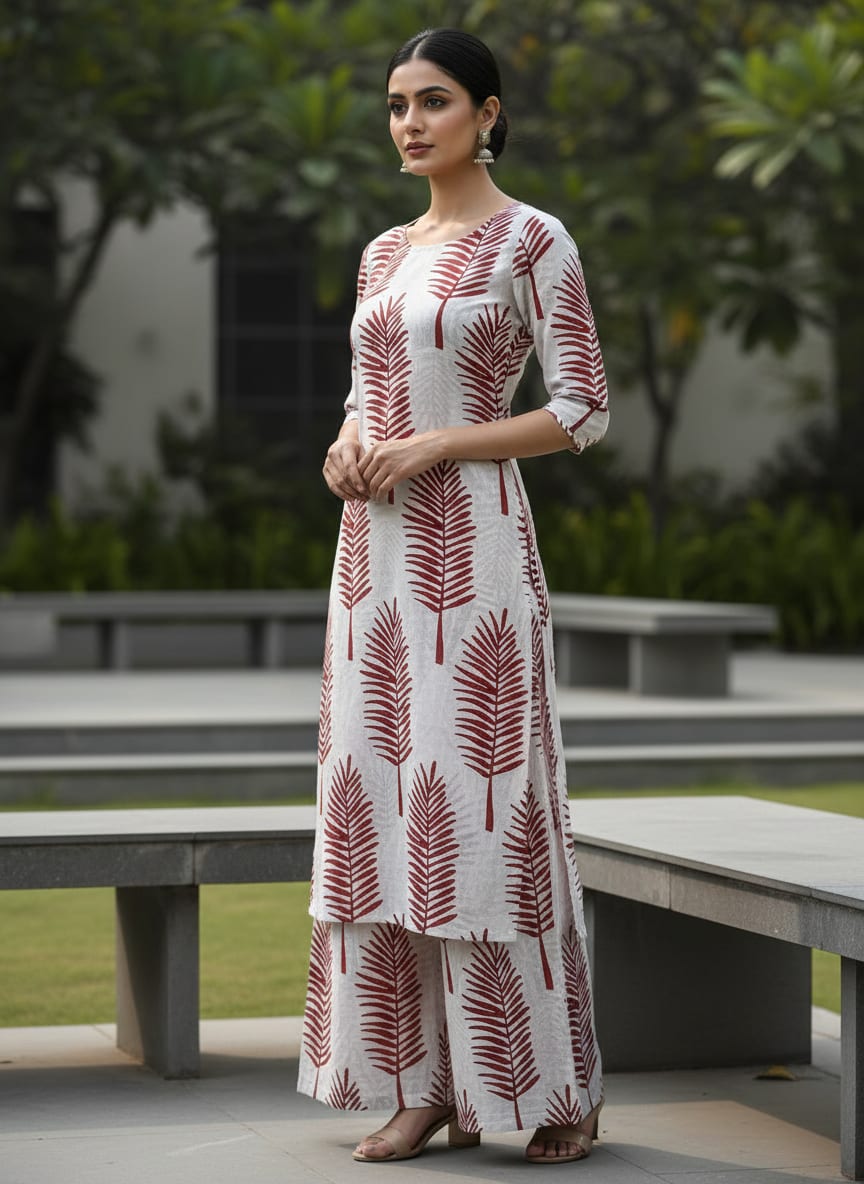 Red Pedate Leafs Digital Printed Fabric - Pure Cotton