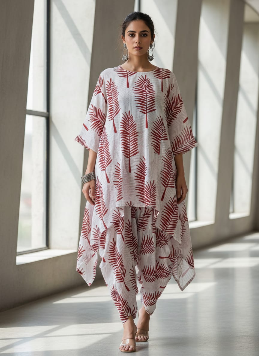 Maroon Botanical Palm Leaf Print Pure Cotton Digital Printed Fabric