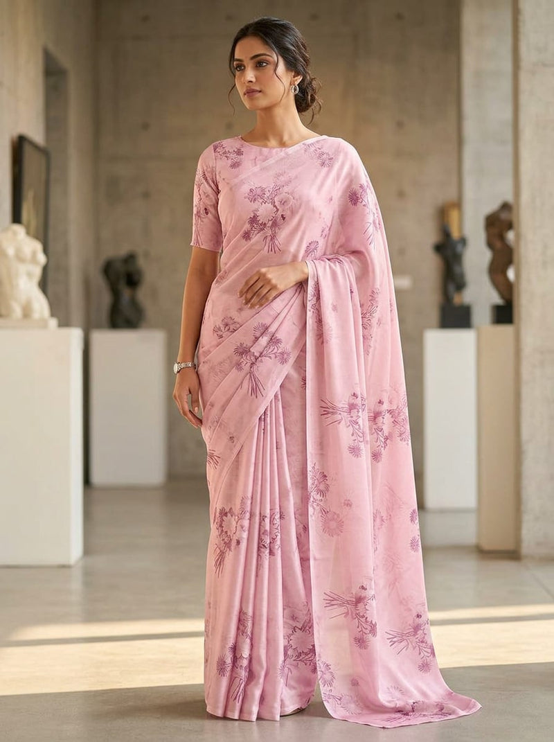 Pink Tonal Floral Bouquet Silk Crepe Digital Printed Fabric