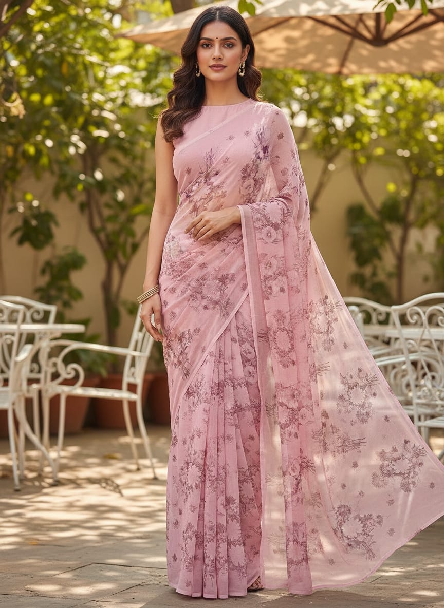 Pinkish Sunflower And Citntz Digital Printed Fabric - Pure Georgette