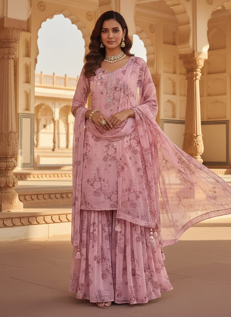 Pinkish Sunflower And Citntz Digital Printed Fabric - Pure Georgette