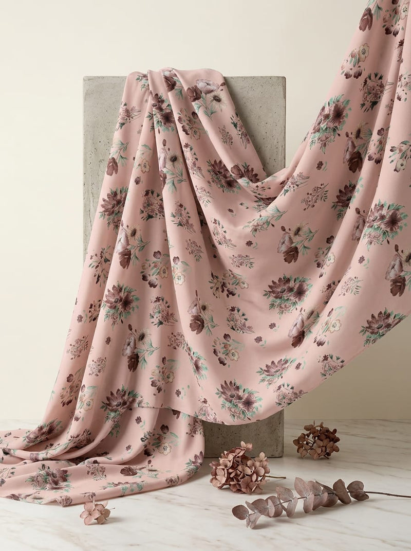 Pink Muted Toned Floral Bouquets Weightless Digital Printed Fabric