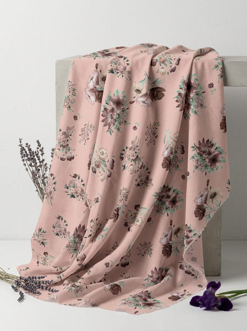 Pink Watercolour Floral Bouquet Pure Muslin Digital Printed Fabric