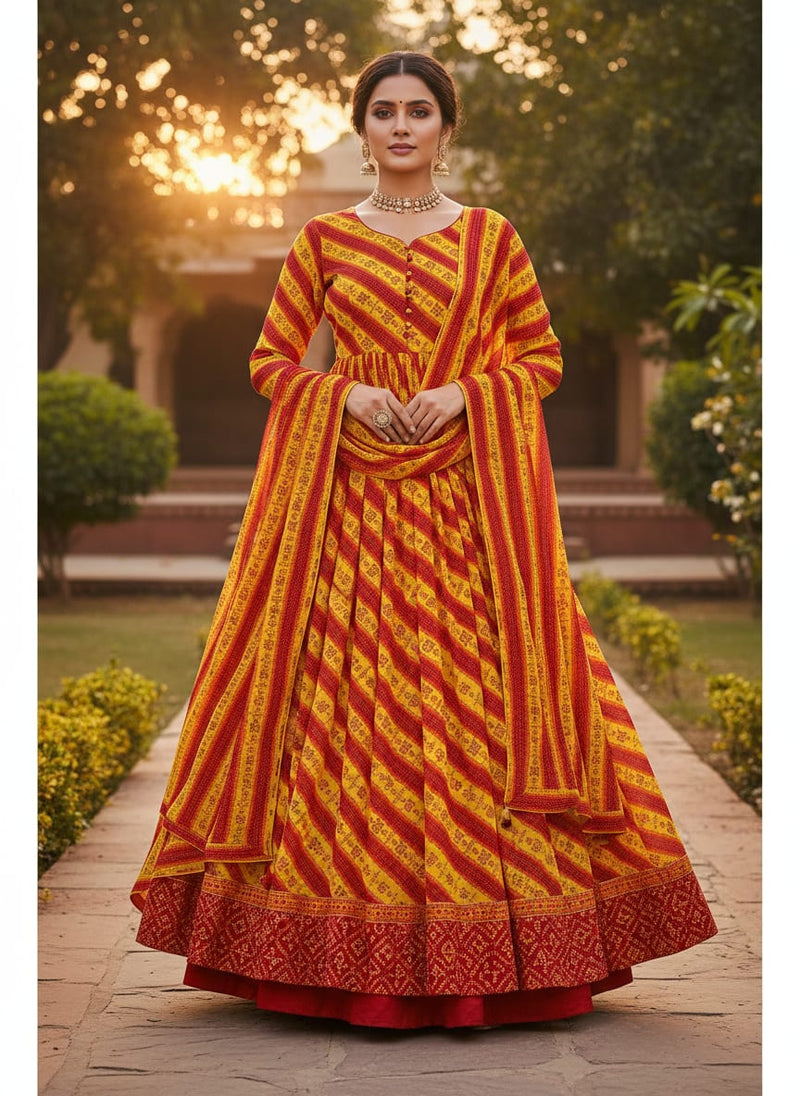 Tiny Red And Yellow Doted Flower Digital Printed Fabric - Pure Georgette