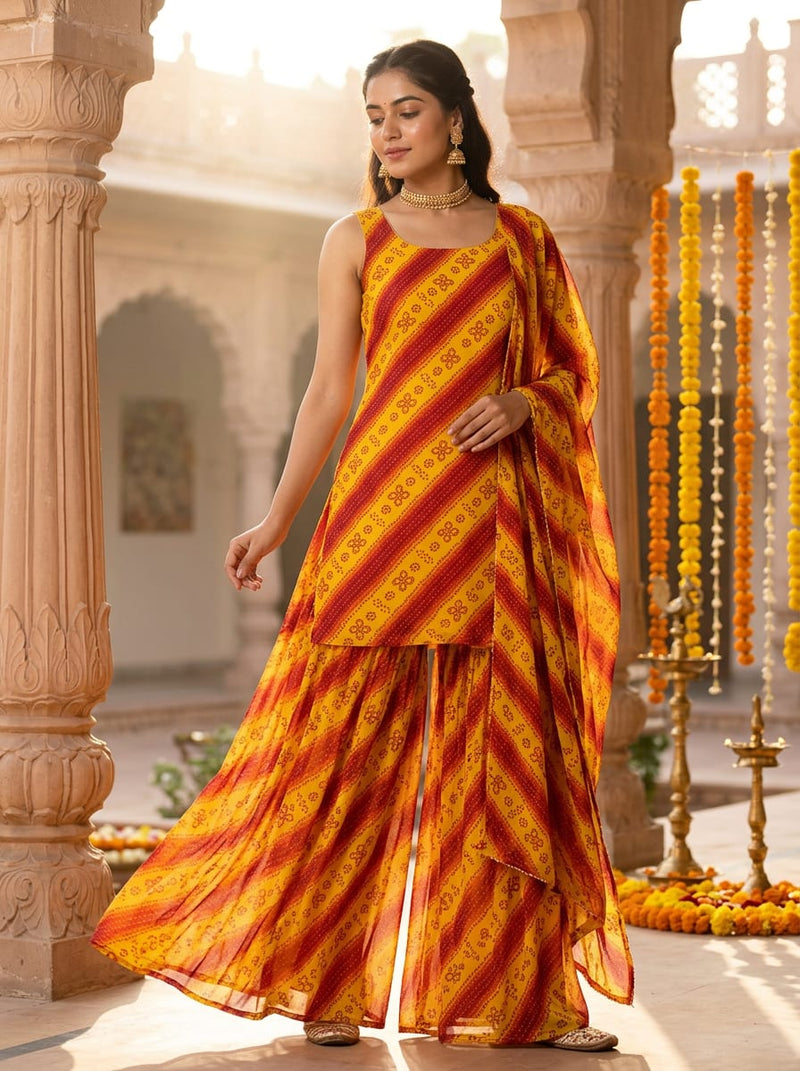 Yellow Ethnic Bandhani Stripe Pure Georgette Digital Printed Fabric