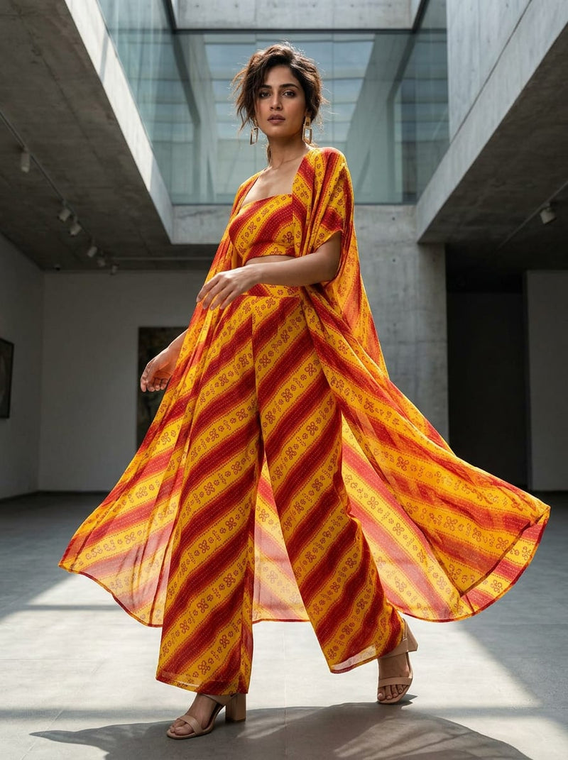 Yellow Ethnic Bandhani Stripe Pure Georgette Digital Printed Fabric