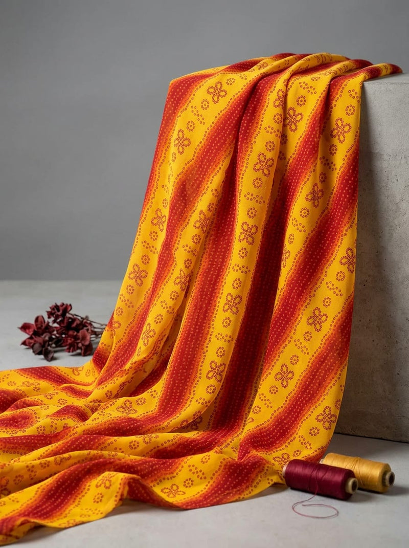 Yellow Ethnic Bandhani Stripe Pure Georgette Digital Printed Fabric