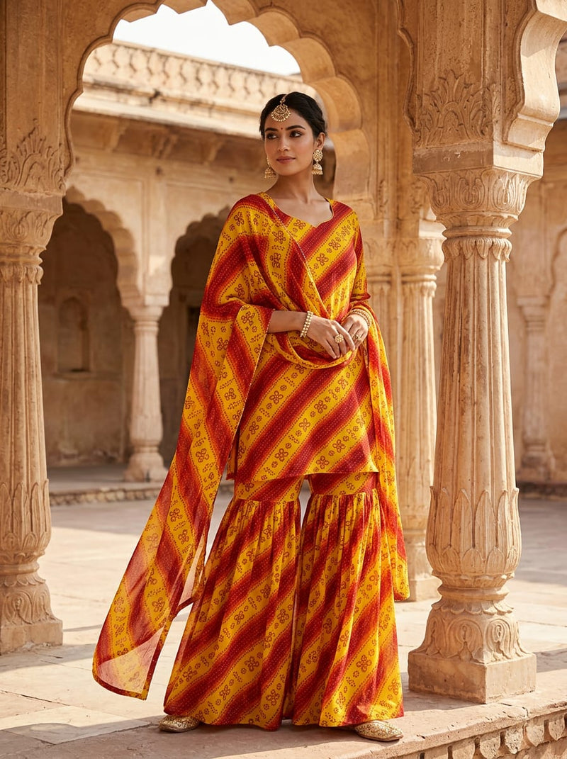 Yellow Ethnic Bandhani Stripe Pure Georgette Digital Printed Fabric