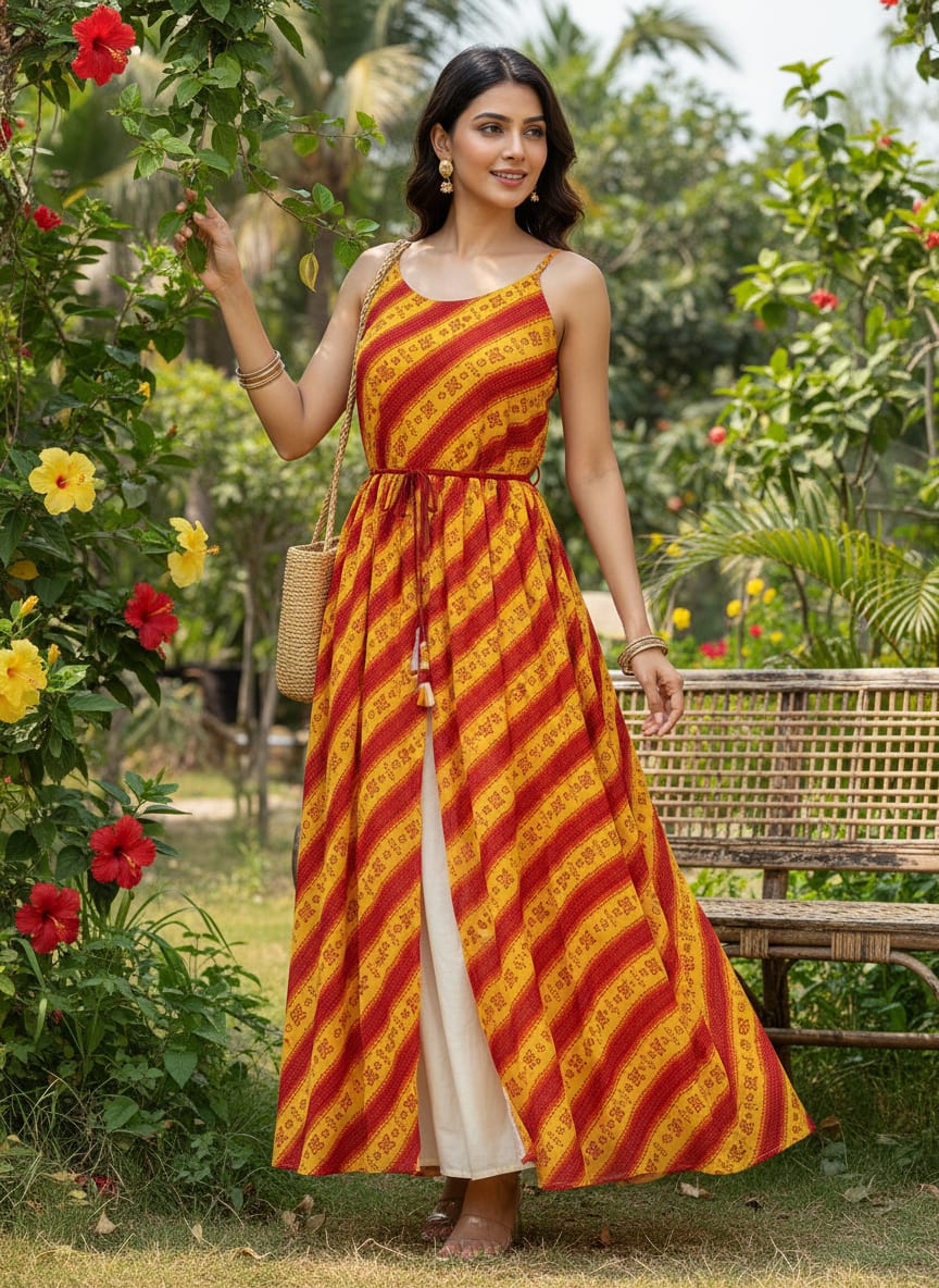 Yellow Ethnic Bandhani Stripe Pattern Pure Chinon Digital Printed Fabric