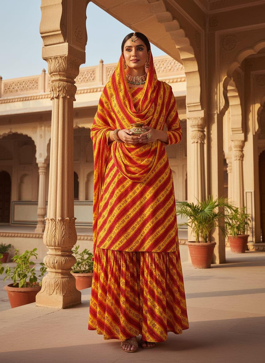 Yellow Ethnic Bandhani Stripe Pattern Pure Chinon Digital Printed Fabric