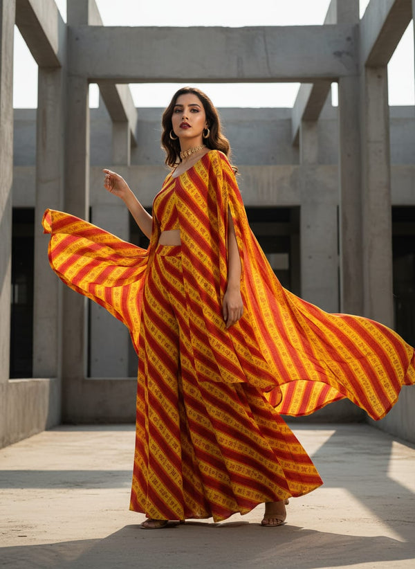 Yellow Ethnic Bandhani Stripe Pattern Pure Chinon Digital Printed Fabric - Cape with Palazzo Lookbook - PC-0-TA08470P1-106 - alternate view