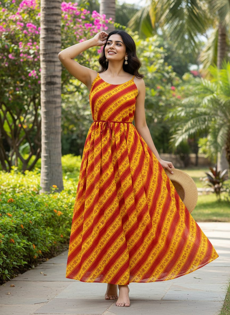 Tiny Red And Yellow Doted Flower Digital Printed Fabric - Pure Chiffon