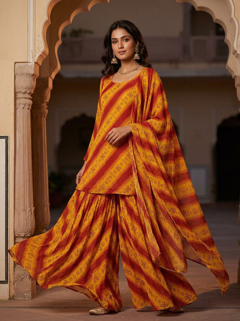 Yellow Ethnic Bandhani Striped Pure Chiffon Digital Printed Fabric