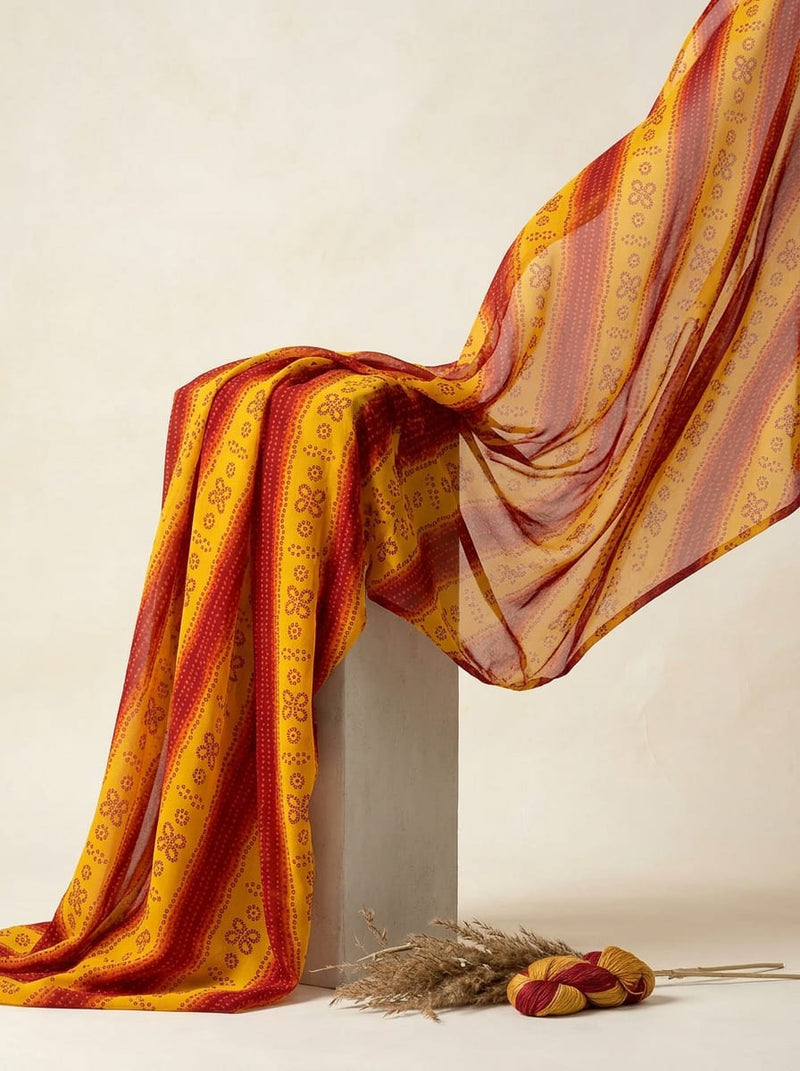 Yellow Ethnic Bandhani Striped Pure Chiffon Digital Printed Fabric