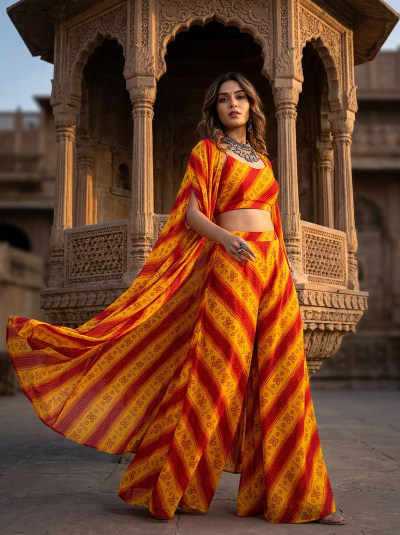 Yellow Ethnic Bandhani Striped Pure Chiffon Digital Printed Fabric
