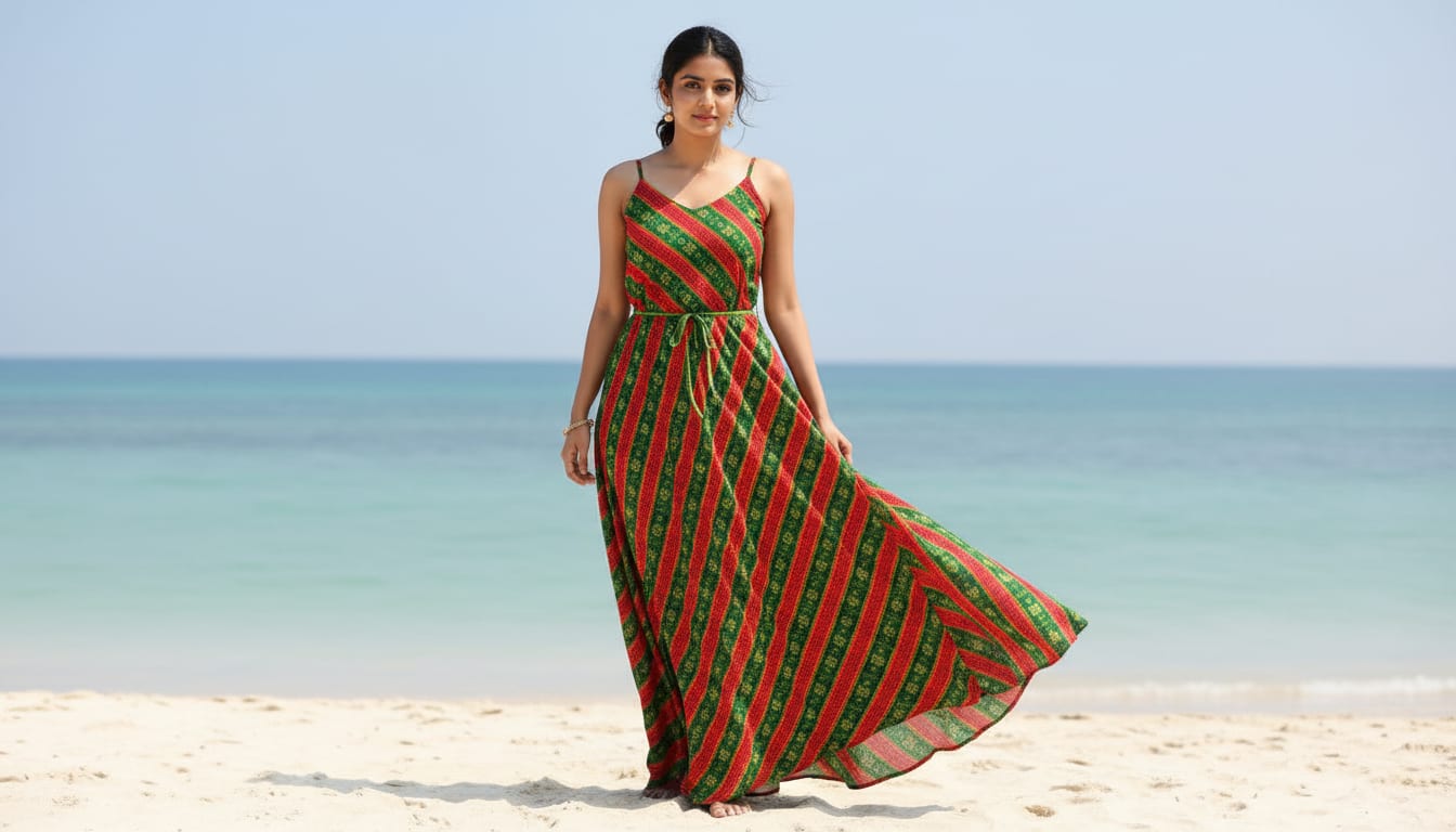 Green Traditional Bandhani Leheriya Stripe Weightless Digital Printed Fabric