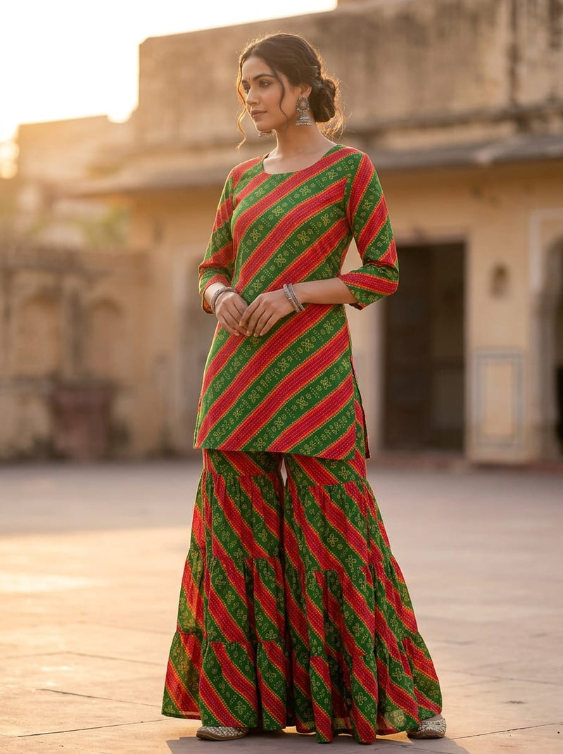 Green Traditional Bandhani Leheriya Stripe Weightless Digital Printed Fabric