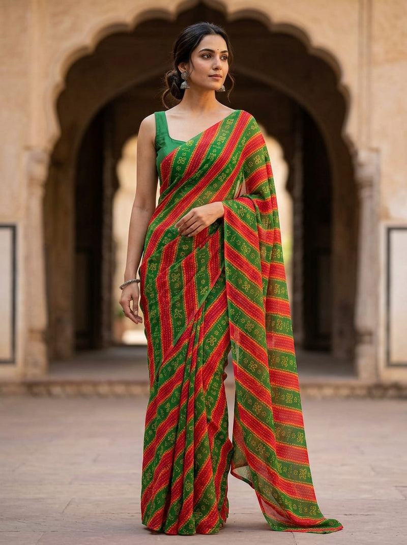 Green Traditional Bandhani Leheriya Stripe Weightless Digital Printed Fabric