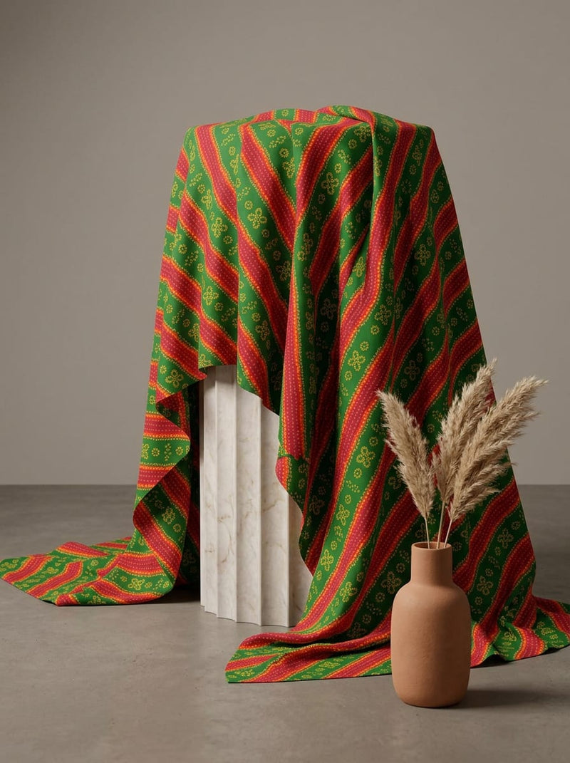 Green Traditional Bandhani Leheriya Stripe Weightless Digital Printed Fabric
