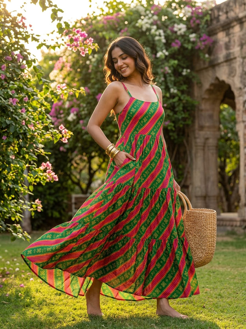 Green Traditional Bandhani Leheriya Stripe Weightless Digital Printed Fabric