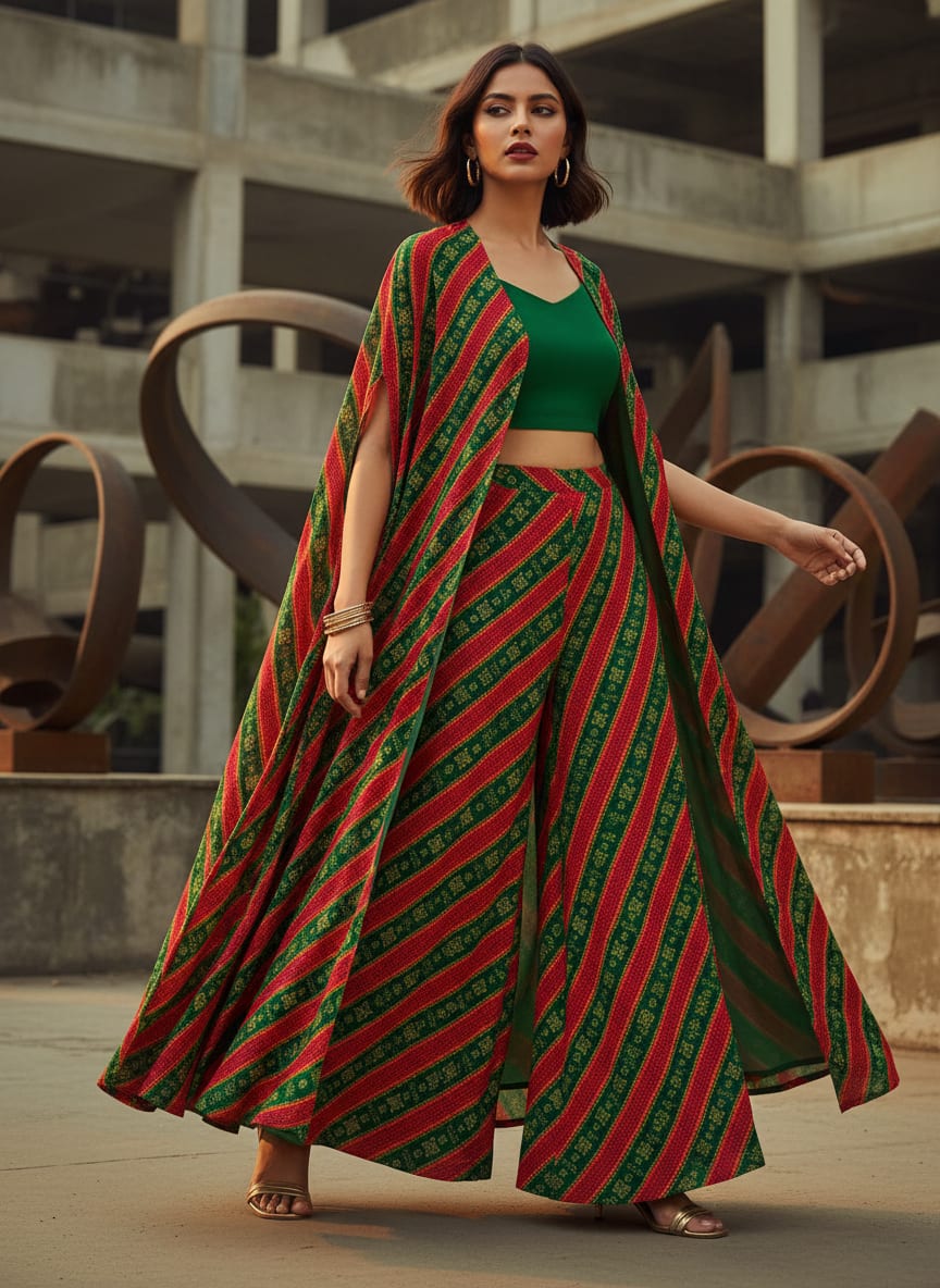 Green Ethnic Bandhani Striped Pure Chinon Digital Printed Fabric