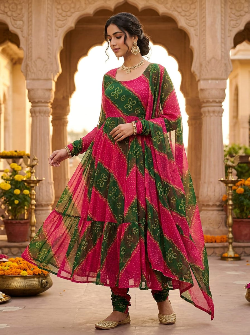 Pink Ethnic Bandhani Striped Pure Chiffon Digital Printed Fabric