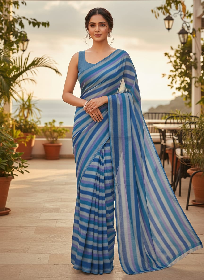 Multicolor Cool Toned Blurred Stripes Weightless Digital Printed Fabric