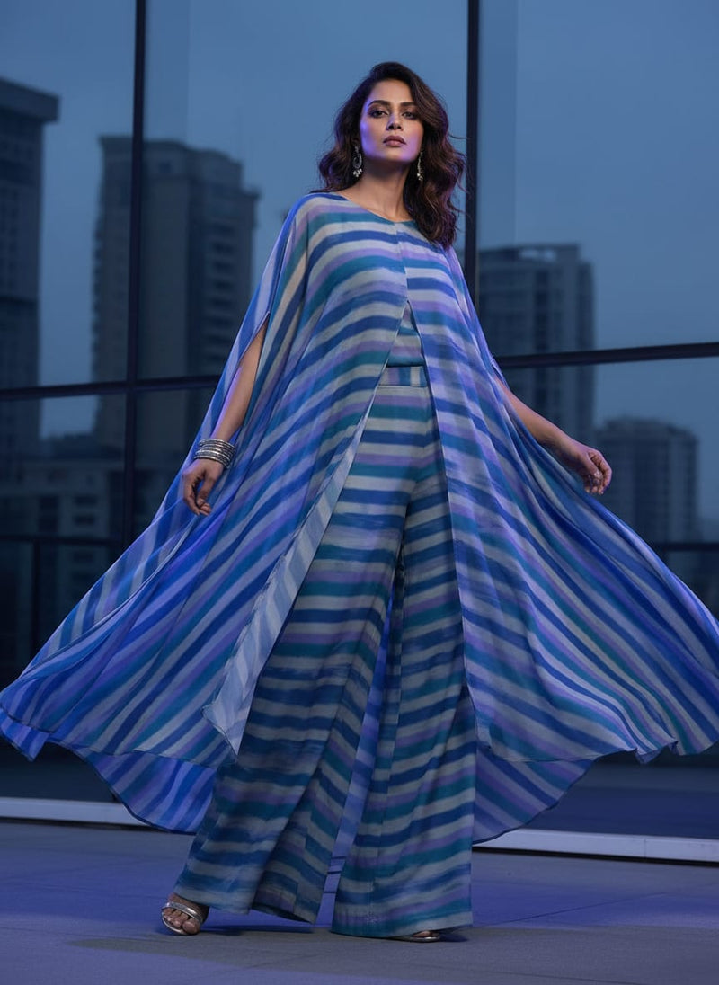 Multicolor Cool Toned Blurred Stripes Weightless Digital Printed Fabric