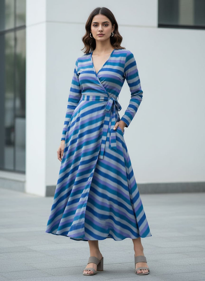 Multicolor Cool Toned Blurred Stripes Weightless Digital Printed Fabric
