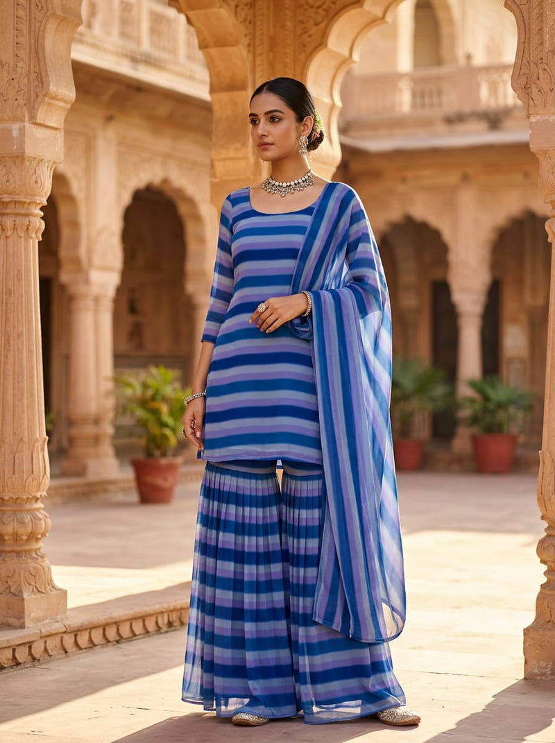 Blue Watercolor Striped Pure Georgette Digital Printed Fabric