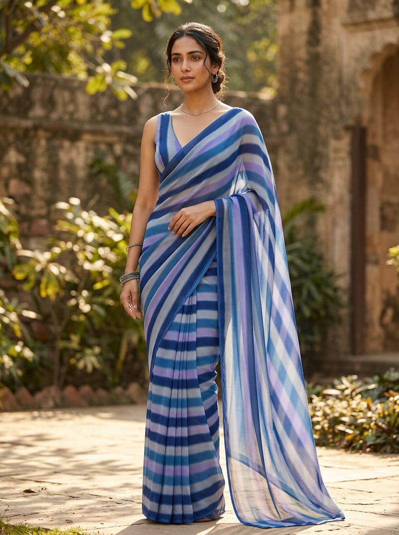 Blue Watercolor Striped Pure Georgette Digital Printed Fabric
