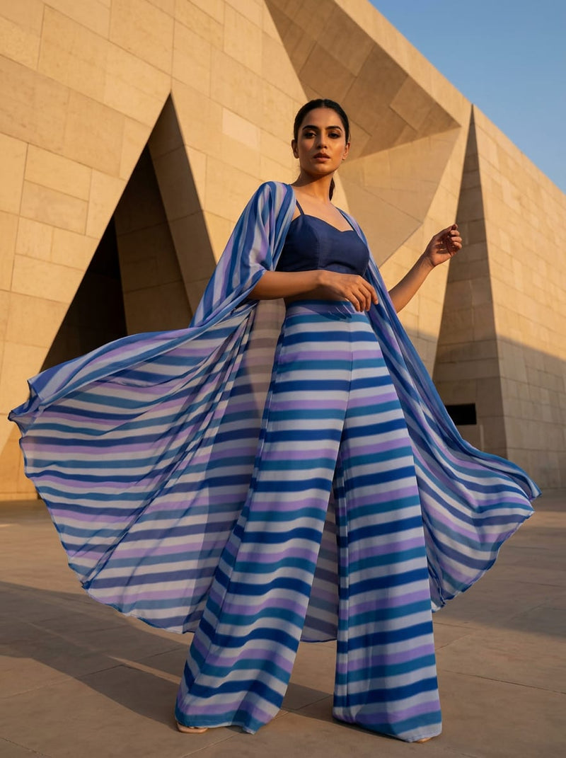 Blue Watercolor Striped Pure Georgette Digital Printed Fabric